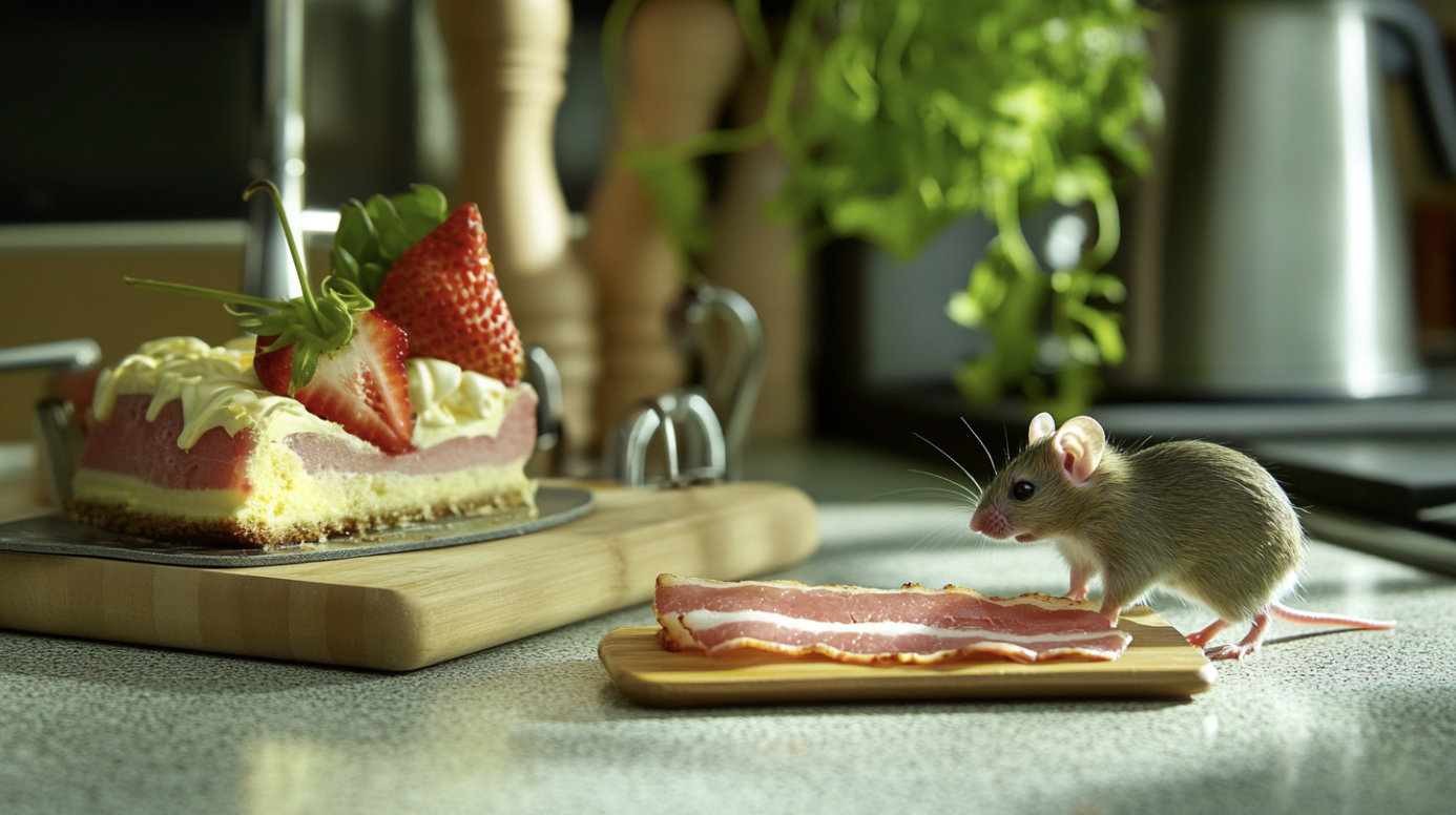 Illustration: Maus vor Speck und vor einer aufwändigen Torte.