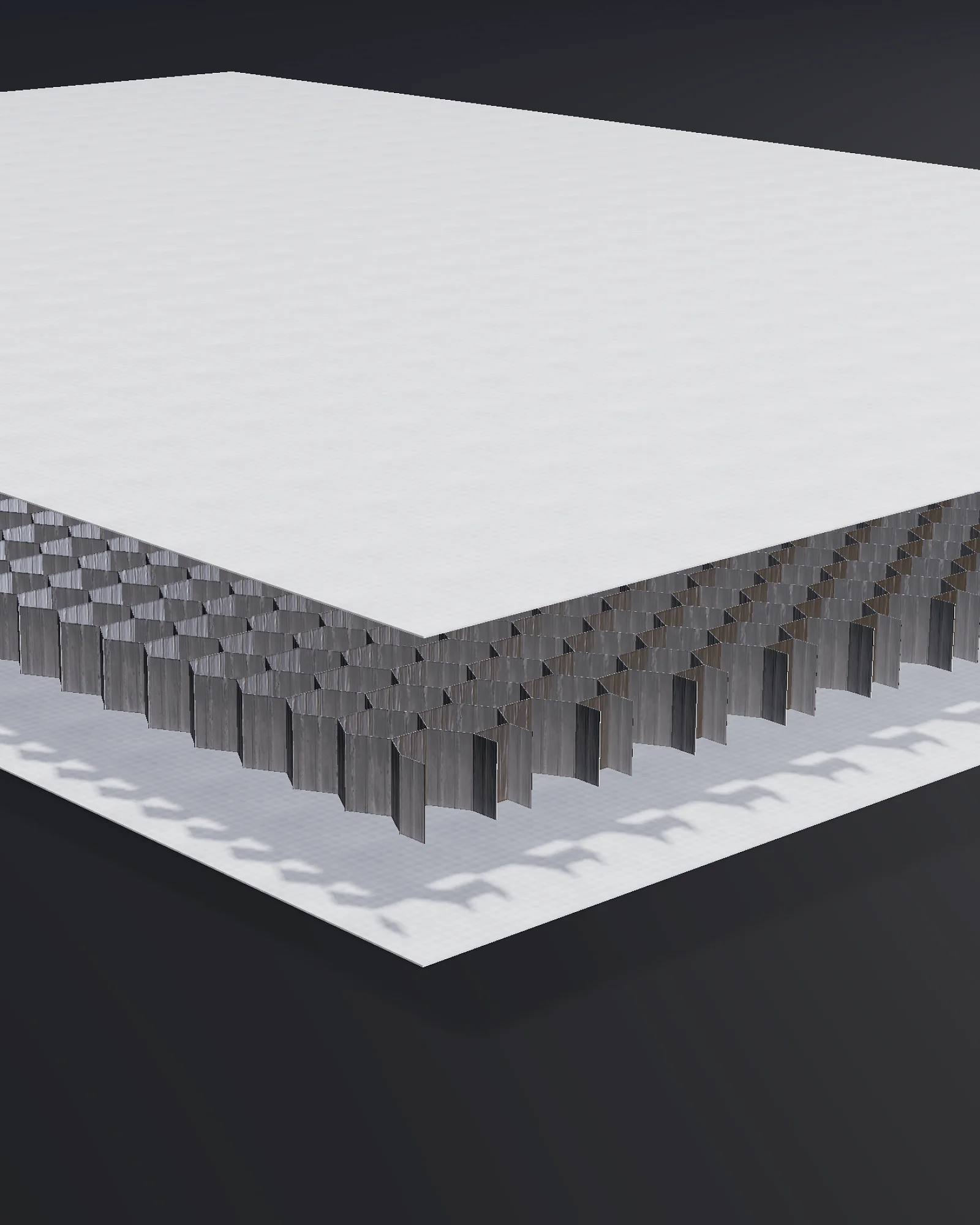 Rendering einer Sandwichplatte mit Wabenkern auf dunklem Grund, Kopfbild des Coratec Planers