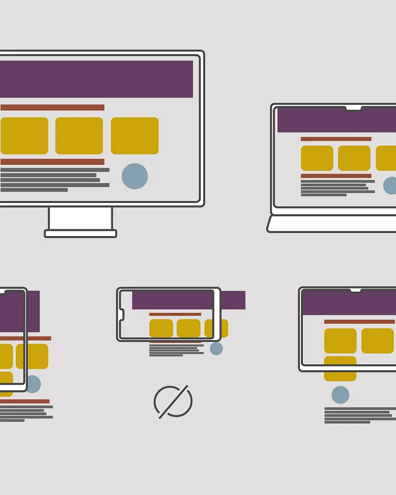 Schema einer responsiven Website auf Bildschirm, Laptop, Tablet und Smartphone, eine Variante ist durchgestrichen