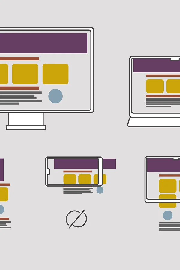 Schema einer responsiven Website auf Bildschirm, Laptop, Tablet und Smartphone, eine Variante ist durchgestrichen