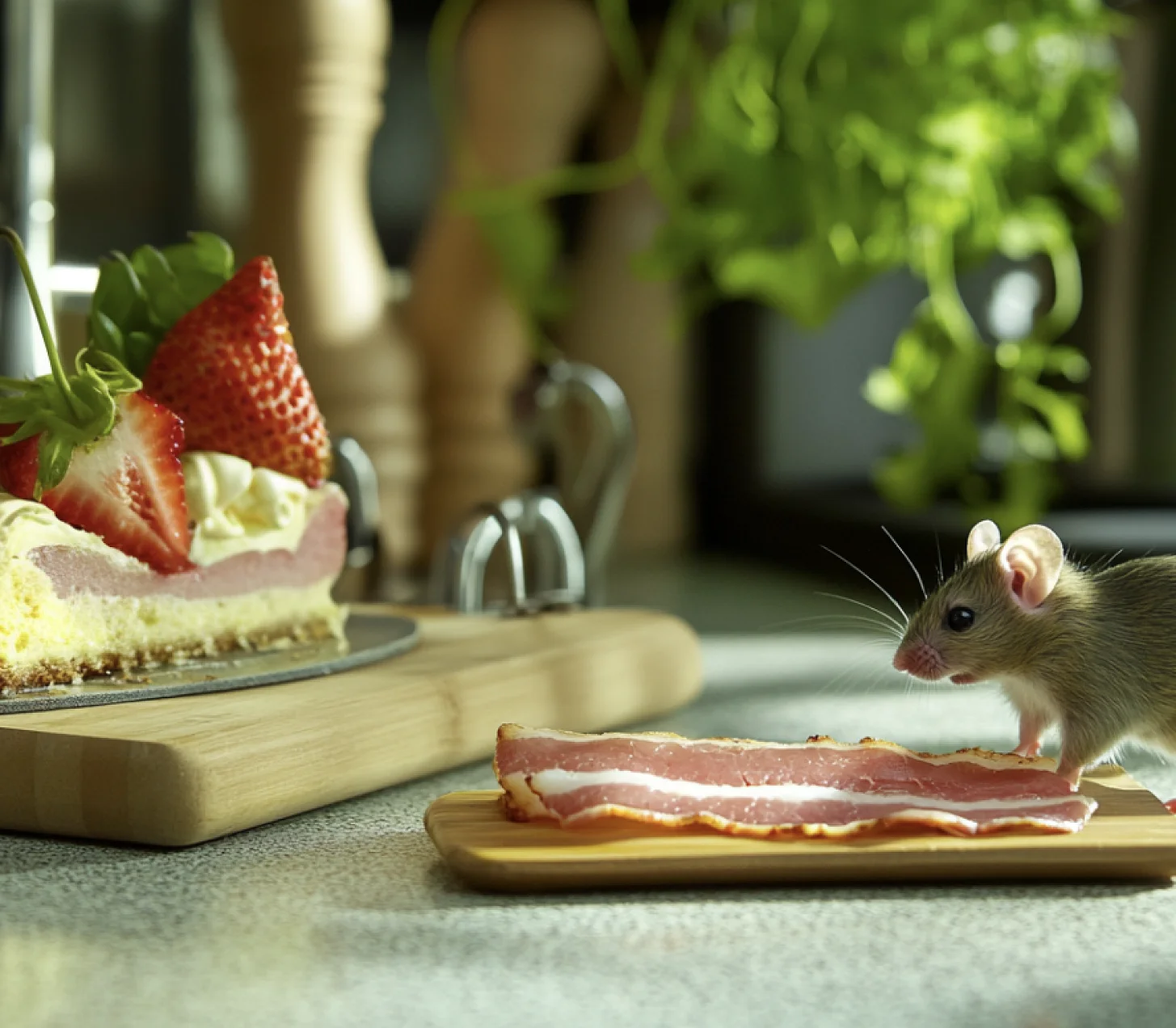 Maus auf einem Holzbrett mit Speckstreifen, daneben ein Stück Erdbeertorte