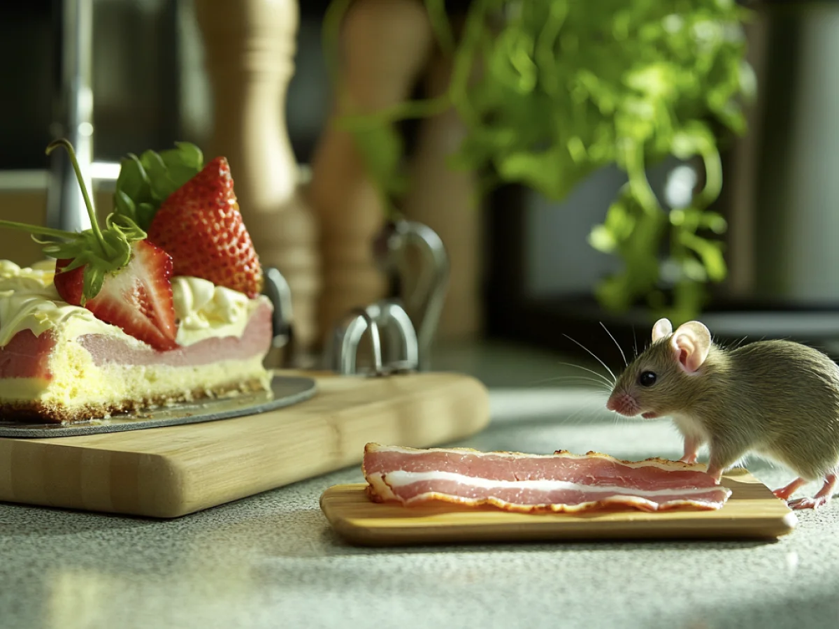 Maus auf einem Holzbrett mit Speckstreifen, daneben ein Stück Erdbeertorte