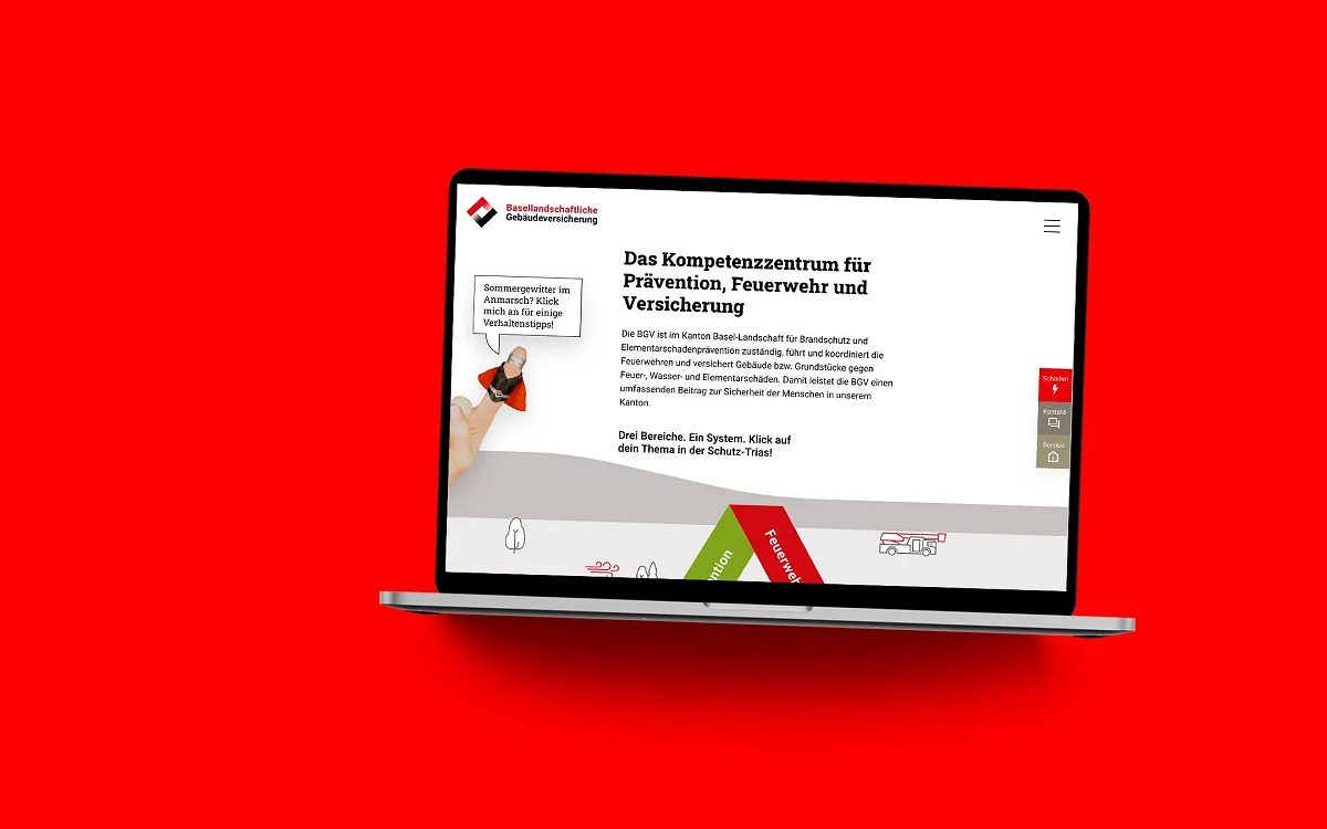 Die BGV-Website im MacBook auf roter Fläche: «Das Kompetenzzentrum für Prävention, Feuerwehr und Versicherung»