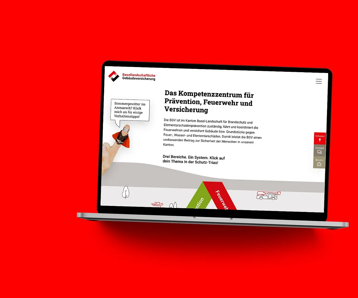 Die BGV-Website im MacBook auf roter Fläche: «Das Kompetenzzentrum für Prävention, Feuerwehr und Versicherung»