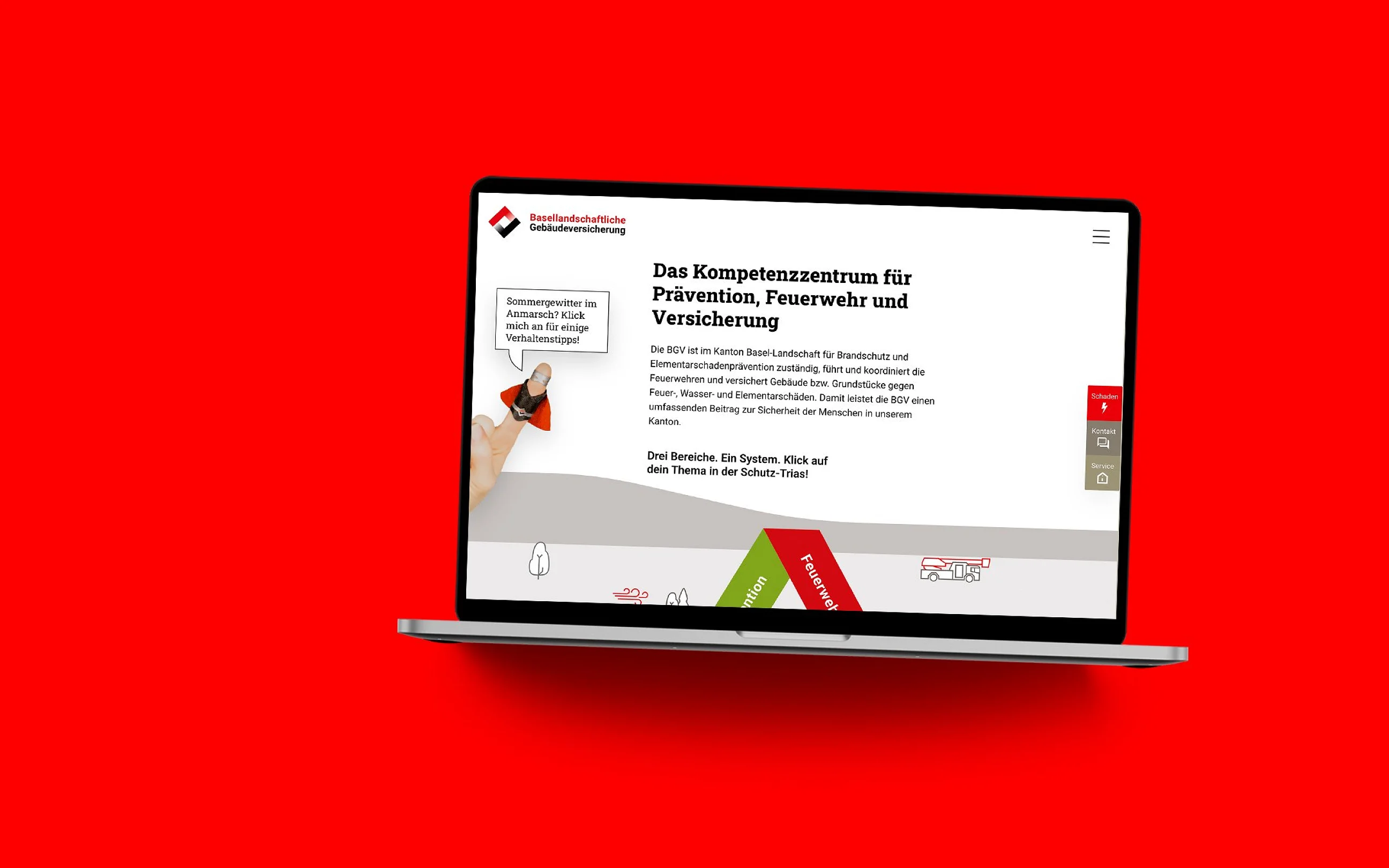 Die BGV-Website im MacBook auf roter Fläche: «Das Kompetenzzentrum für Prävention, Feuerwehr und Versicherung»