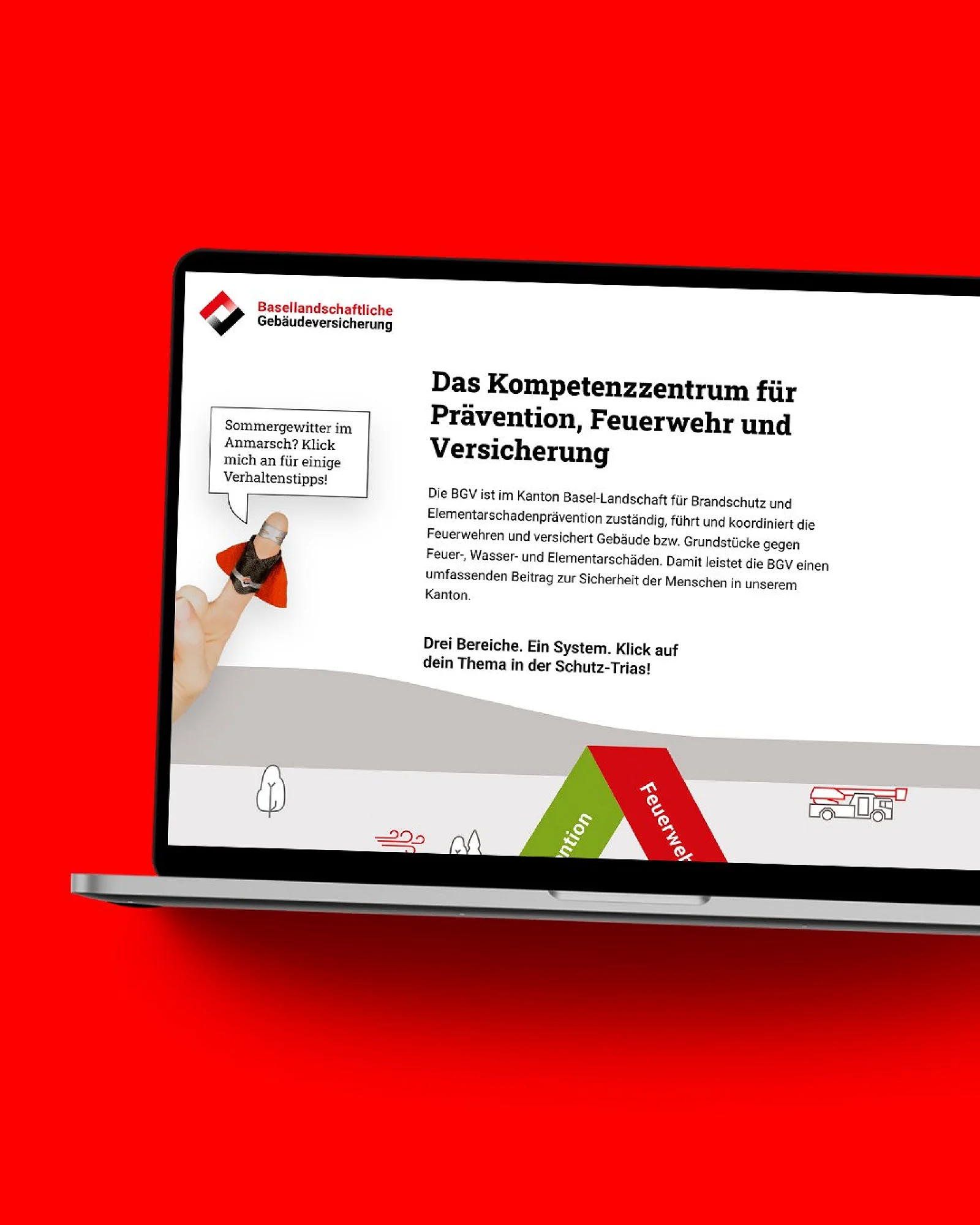 Die BGV-Website im MacBook auf roter Fläche: «Das Kompetenzzentrum für Prävention, Feuerwehr und Versicherung»