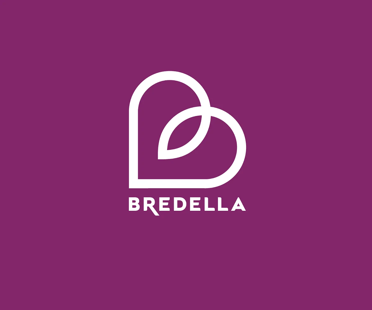 Bredella-Signet mit darunterliegendem Schriftzug, weiss auf violetter Fläche