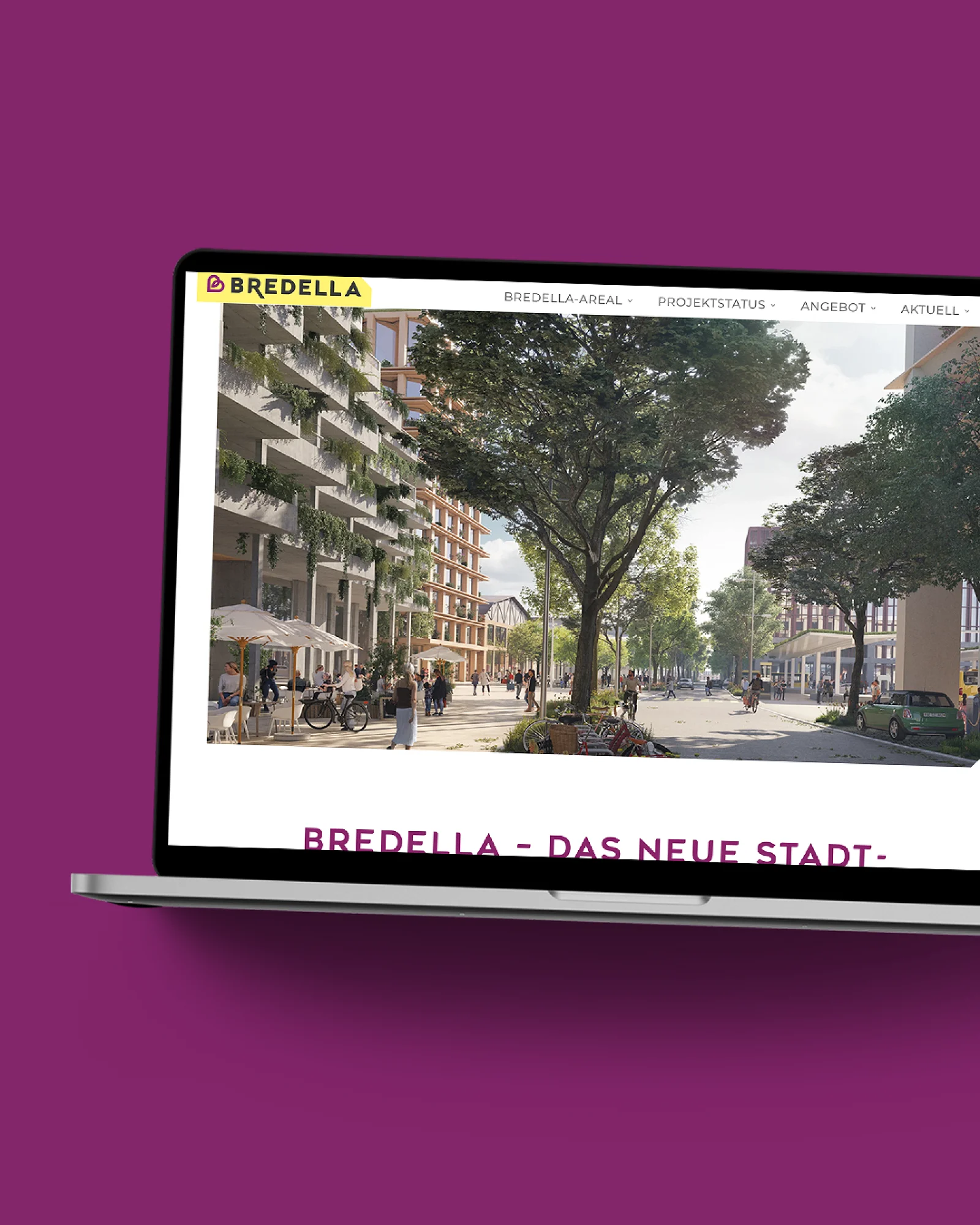 Die Bredella-Website im MacBook auf violetter Fläche: Startseite mit der Visualisierung der neuen Stadtstrasse