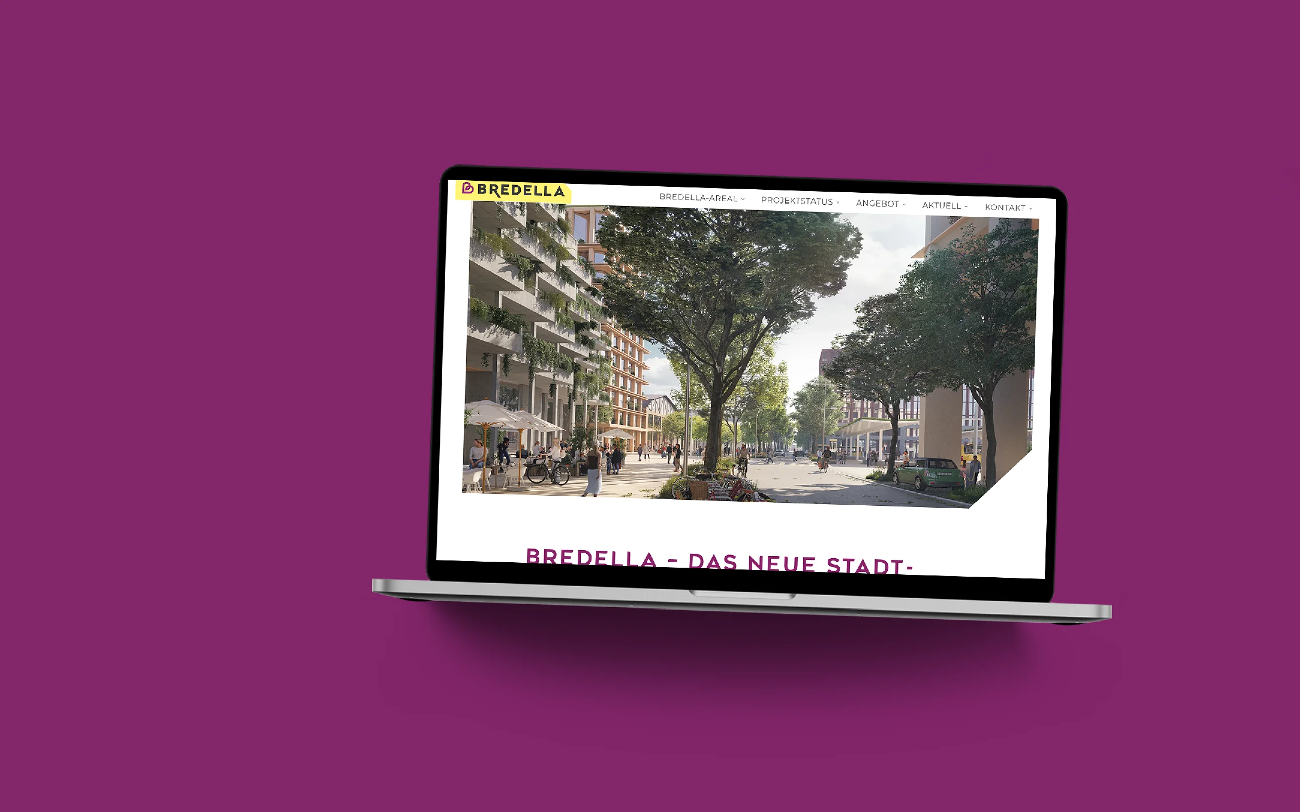 Die Bredella-Website im MacBook auf violetter Fläche: Startseite mit der Visualisierung der neuen Stadtstrasse
