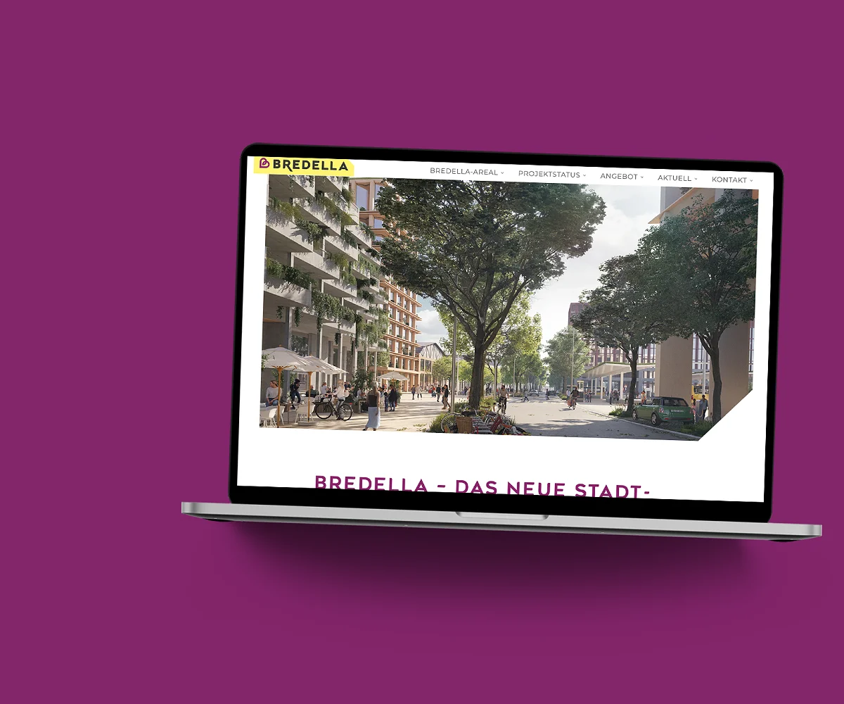 Die Bredella-Website im MacBook auf violetter Fläche: Startseite mit der Visualisierung der neuen Stadtstrasse