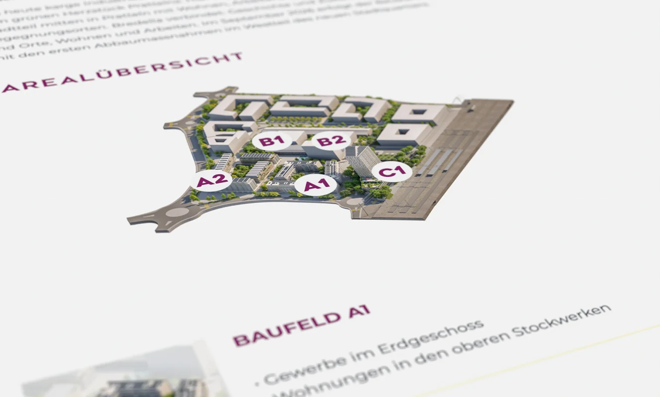 Angeschrägte Ansicht der Arealübersicht mit den Baufeldern A1, A2, B1, B2 und C1
