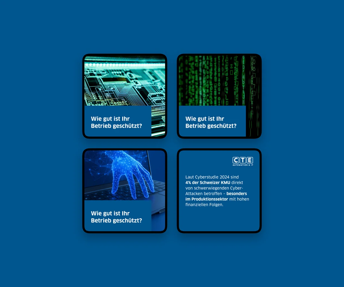 Vier LinkedIn-Karten der Cybersecurity-Serie im Raster: Platine, Datenstrom und leuchtende Hand, je mit der Frage «Wie gut ist Ihr Betrieb geschützt?», dazu die Zahlenkarte zur Cyberstudie 2024