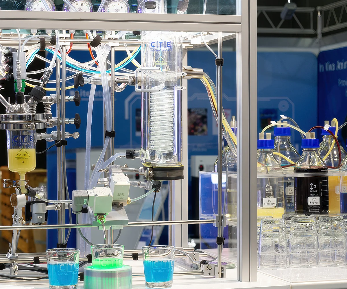 Die Cocktailmaschine am CTE-Messestand aus der Nähe: Laboranlage aus Glas und Aluminium mit Reaktor, Kühler, Ventilen und Schläuchen, davor drei Gläser mit blauem und grünem Getränk
