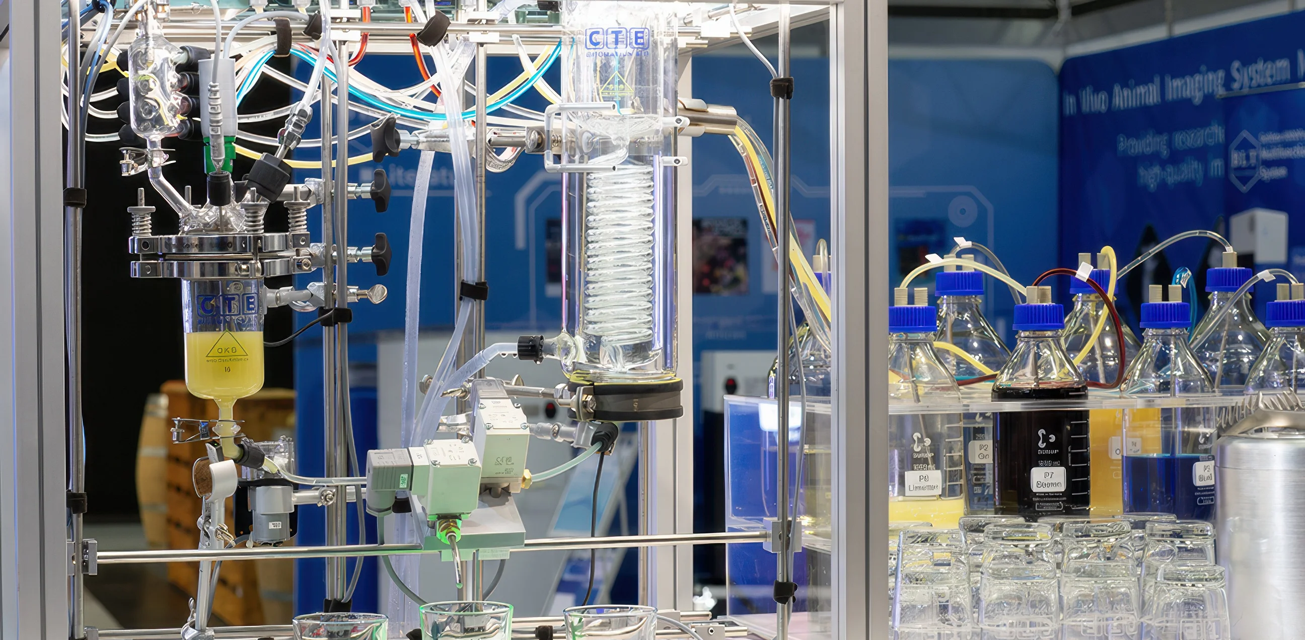 Die Cocktailmaschine am CTE-Messestand aus der Nähe: Laboranlage aus Glas und Aluminium mit Reaktor, Kühler, Ventilen und Schläuchen, davor drei Gläser mit blauem und grünem Getränk