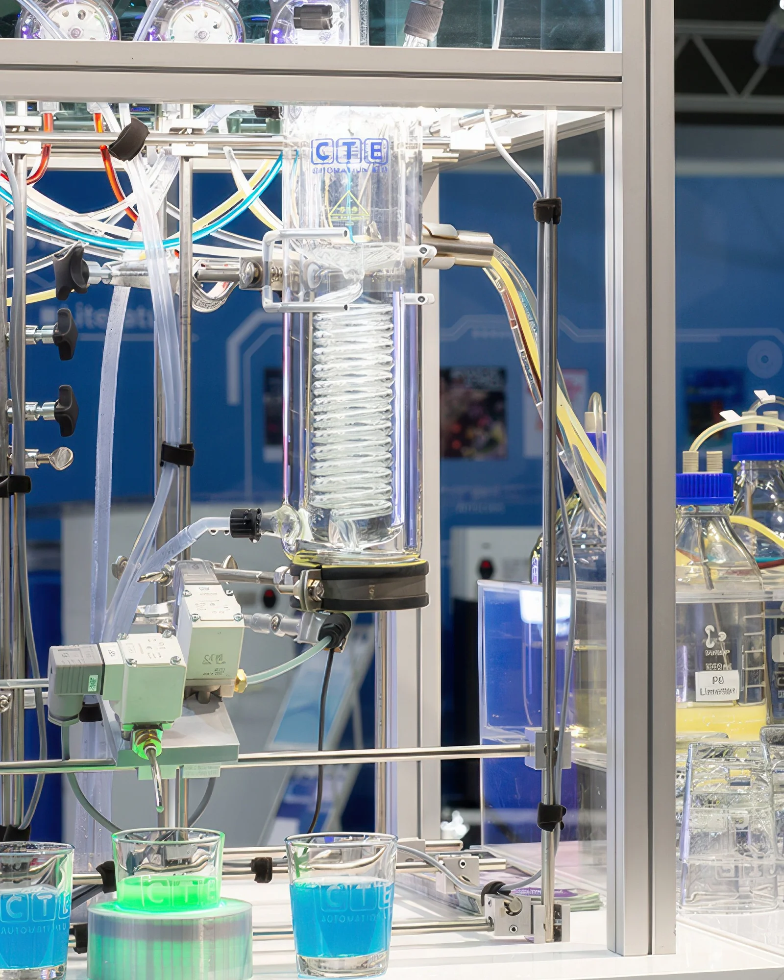 Die Cocktailmaschine am CTE-Messestand aus der Nähe: Laboranlage aus Glas und Aluminium mit Reaktor, Kühler, Ventilen und Schläuchen, davor drei Gläser mit blauem und grünem Getränk