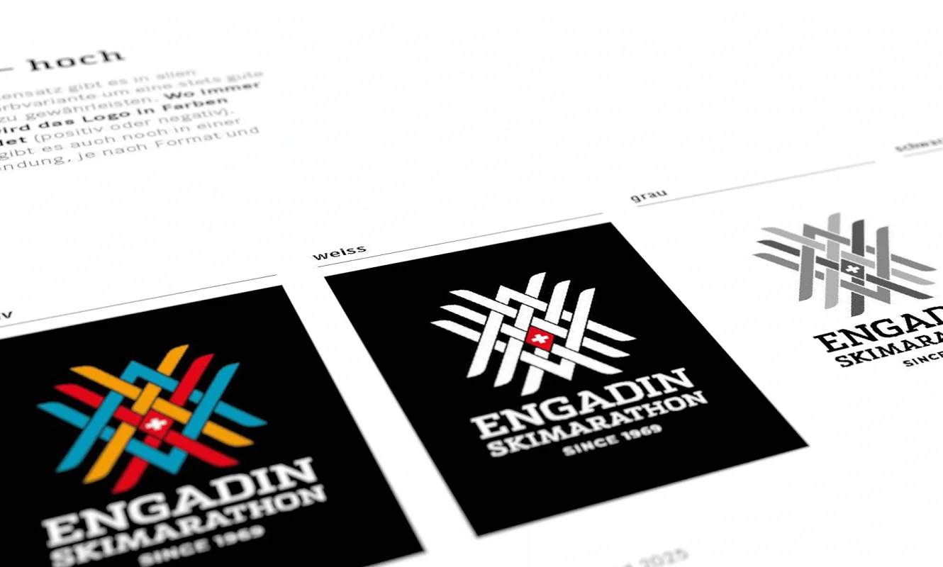Manualseite mit den Logovarianten: farbig, negativ auf Schwarz und in Grau