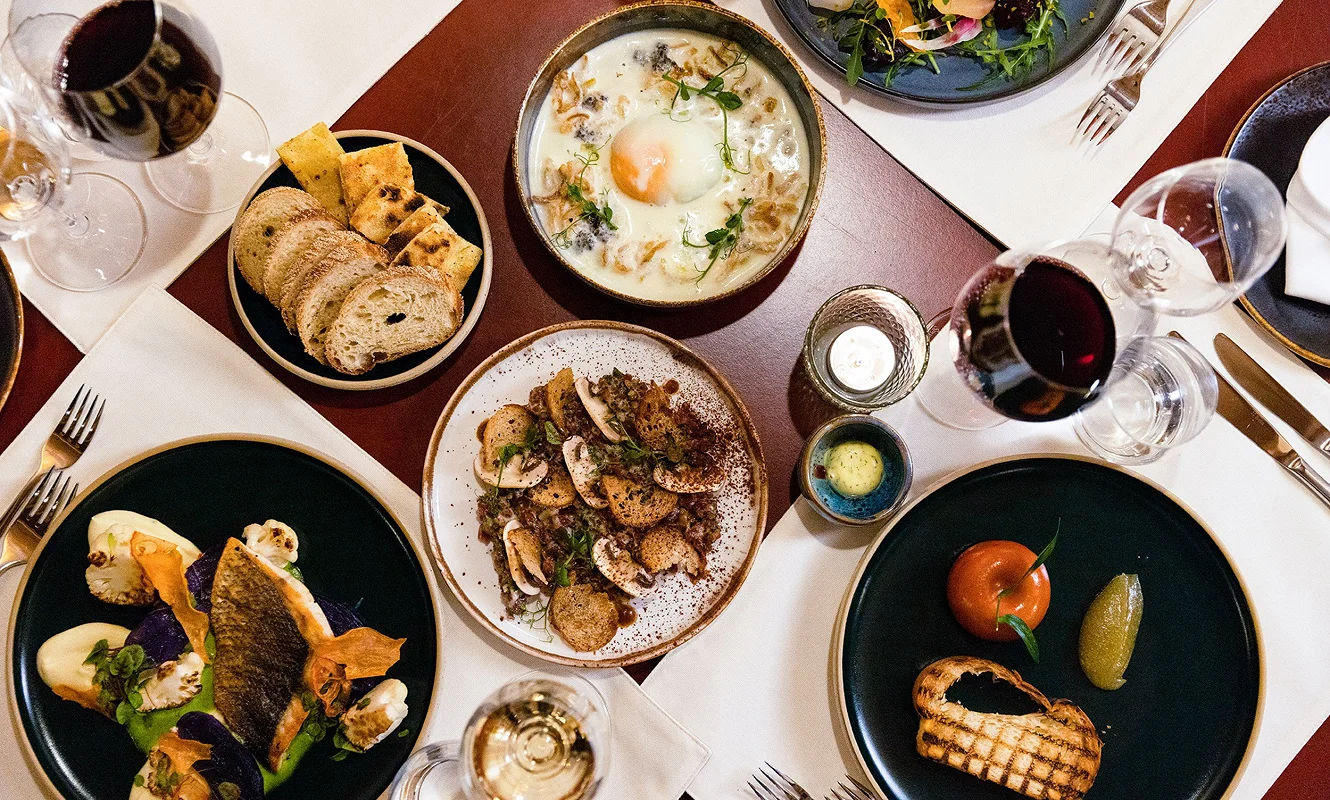 Gedeckter Tisch von oben: Fischfilet, Pilze, Salat, Brot und zwei Gläser Rotwein