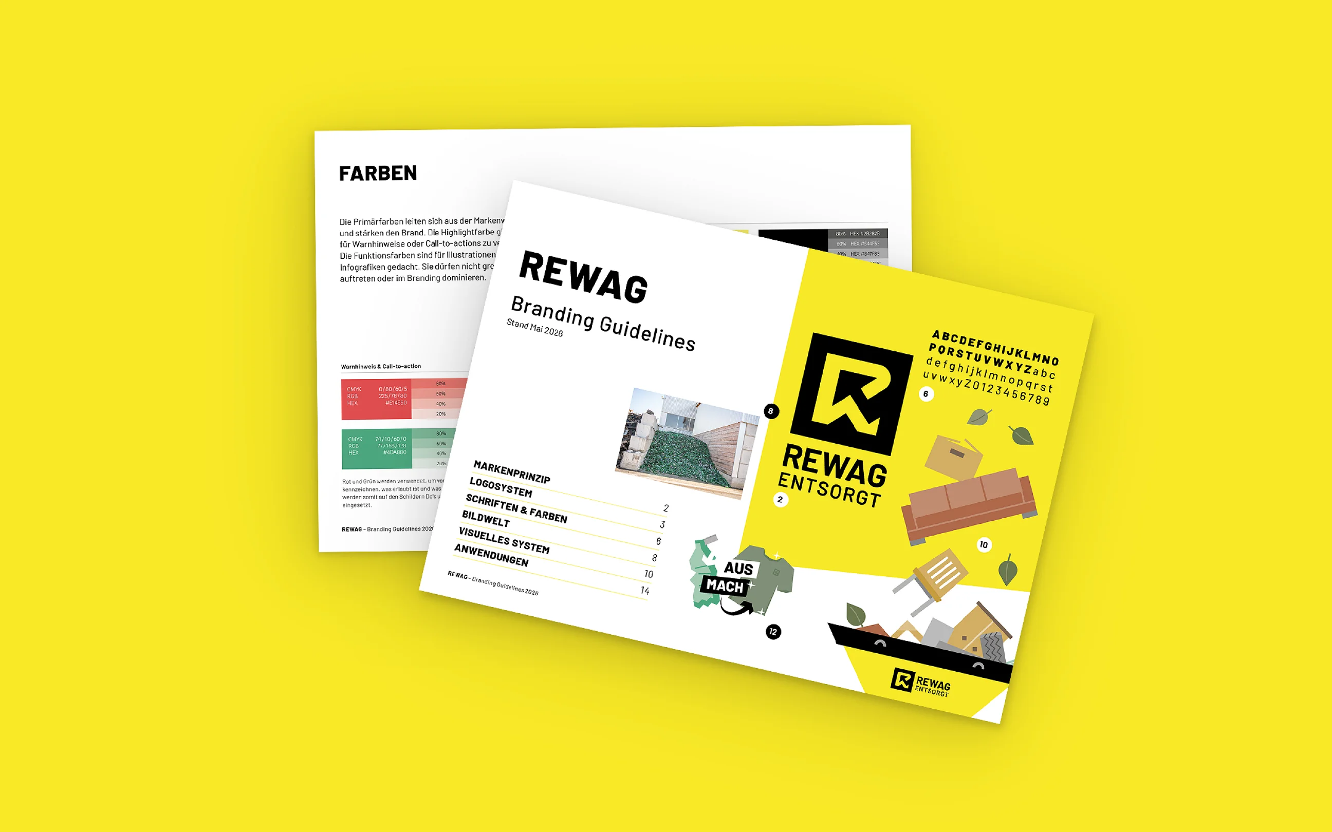 Zwei Blätter der REWAG Branding Guidelines angeschrägt auf gelber Fläche: Titelseite mit Logo und Inhaltsverzeichnis, dahinter die Farbseite