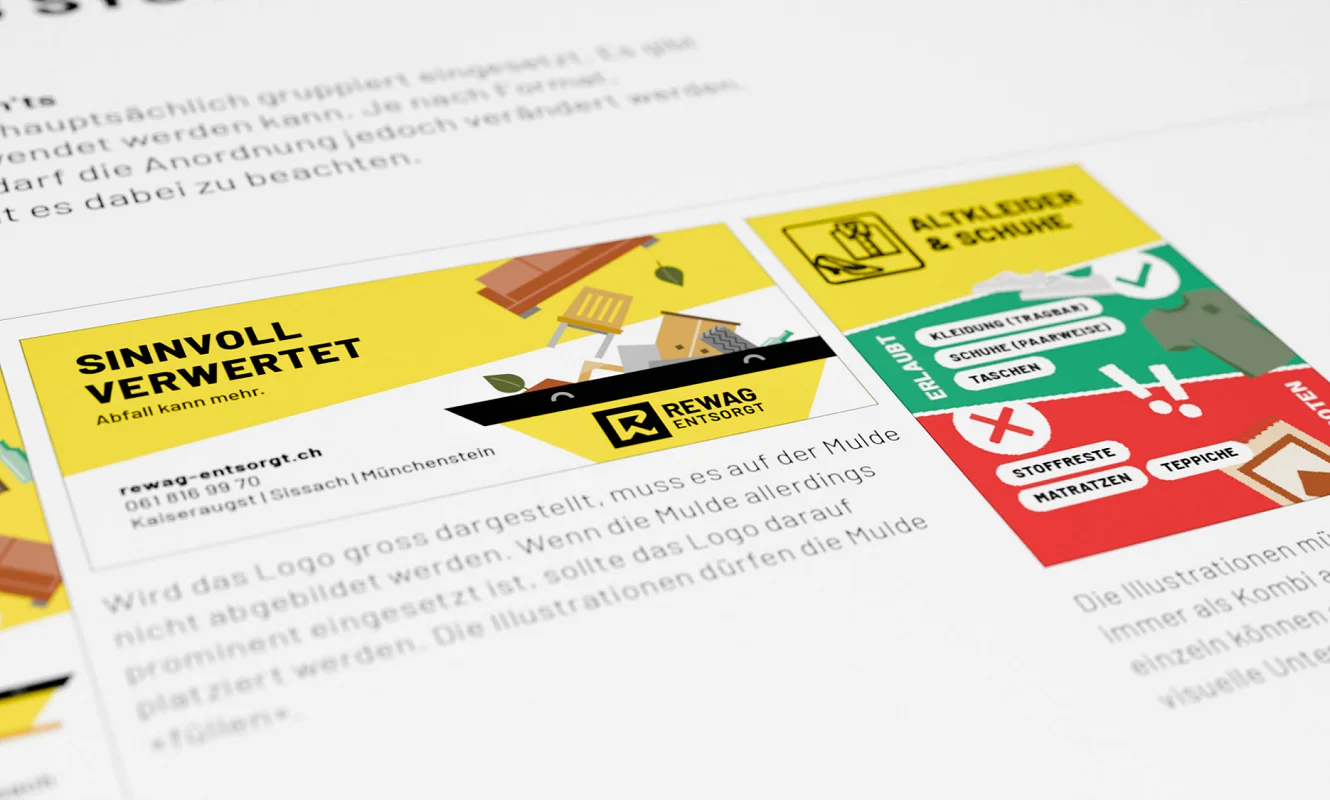 Anwendungsseite der Guidelines: Muldenbeschriftung «Sinnvoll verwertet» und die Tafel «Altkleider & Schuhe» mit Erlaubt- und Verboten-Liste