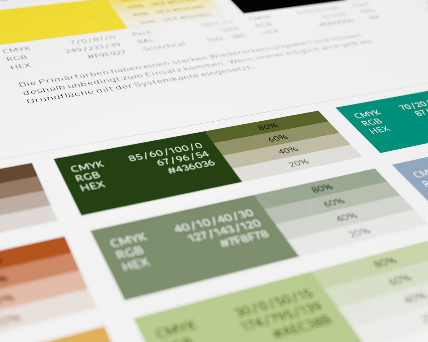 Farbseite der Guidelines: Primärgelb sowie Grün-, Braun- und Blautöne mit CMYK-, RGB- und HEX-Werten und ihren Abstufungen