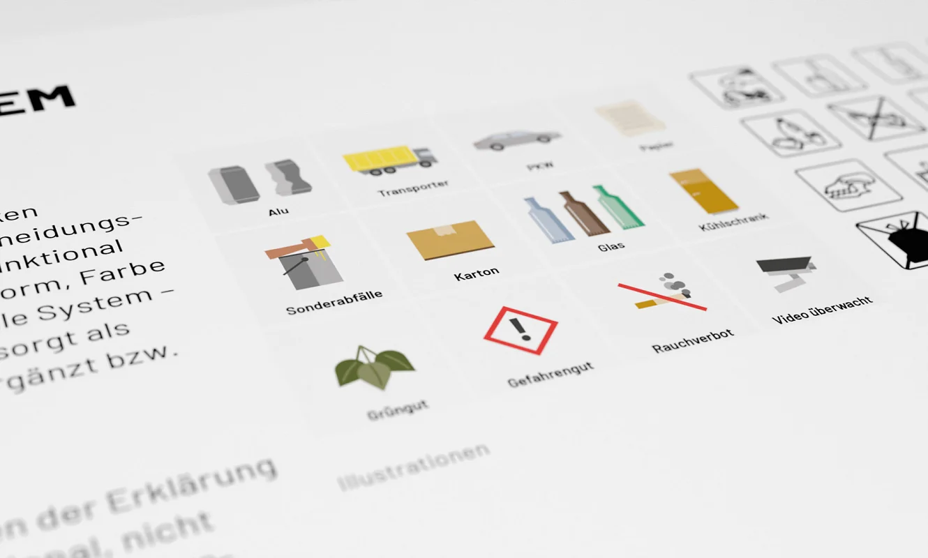 Icon-Seite der Guidelines: Piktogramme für Alu, Transporter, Papier, Karton, Glas, Grüngut, Gefahrengut und Rauchverbot