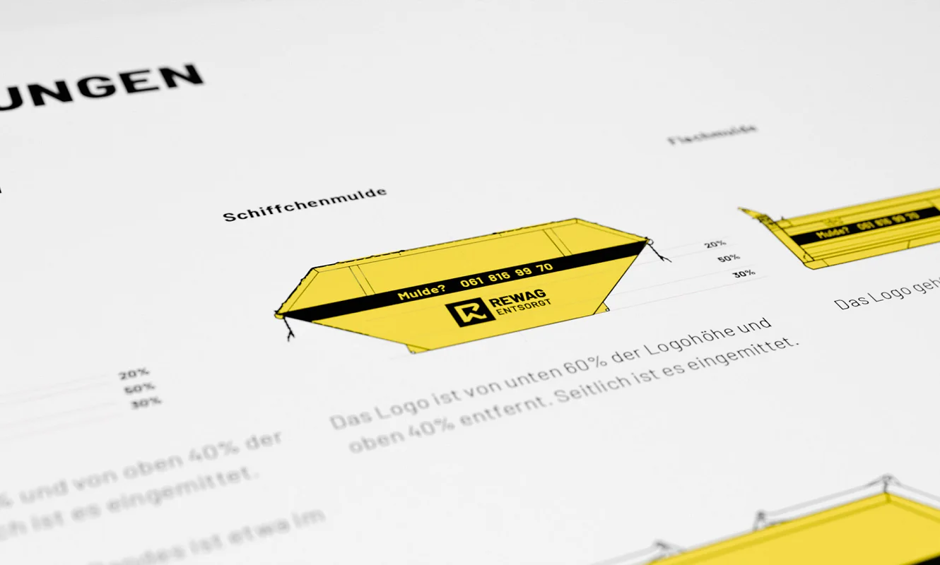 Muldenbeschriftung im Manual: Schiffchenmulde in Gelb mit Logoposition und Massangaben
