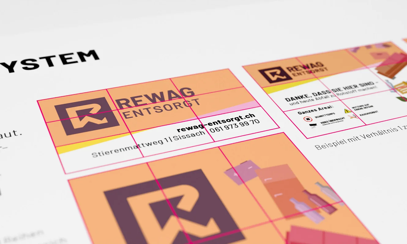 Seite «Visuelles System»: Logo und Systemkante im Konstruktionsraster, daneben die Arealtafel als Anwendungsbeispiel