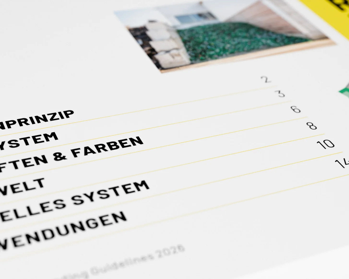 Inhaltsverzeichnis der Branding Guidelines: Markenprinzip, Logosystem, Schriften und Farben, Bildwelt, visuelles System, Anwendungen