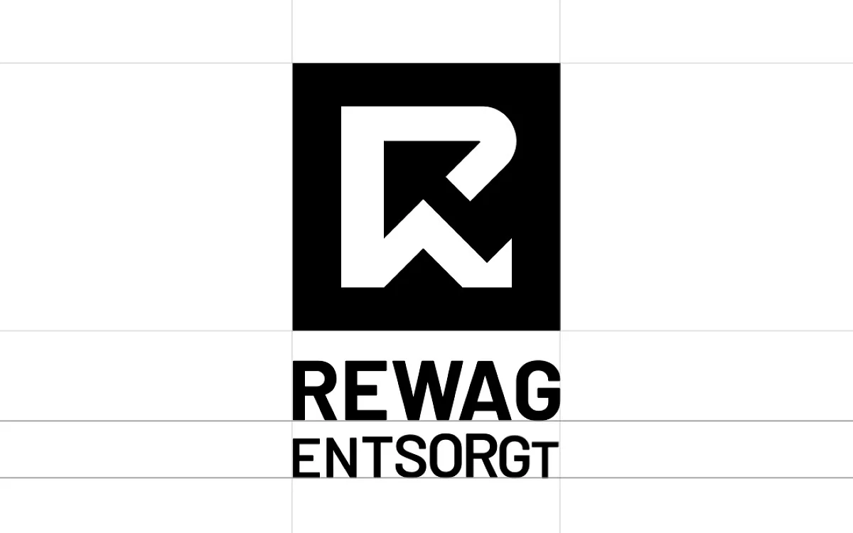 Standbild aus dem Logo-Film im Hochformat: REWAG-Signet mit Schriftzug «Entsorgt» im Konstruktionsraster