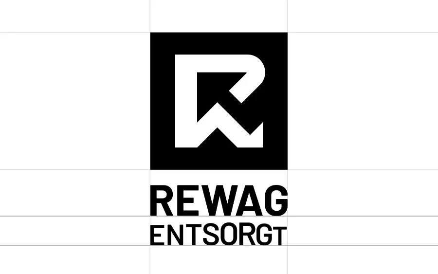 Standbild aus dem Logo-Film im Hochformat: REWAG-Signet mit Schriftzug «Entsorgt» im Konstruktionsraster