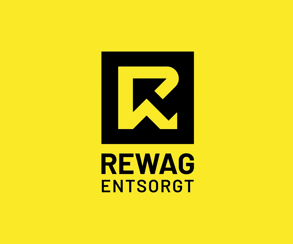 REWAG-Signet mit Schriftzug «Entsorgt», schwarz auf gelber Fläche