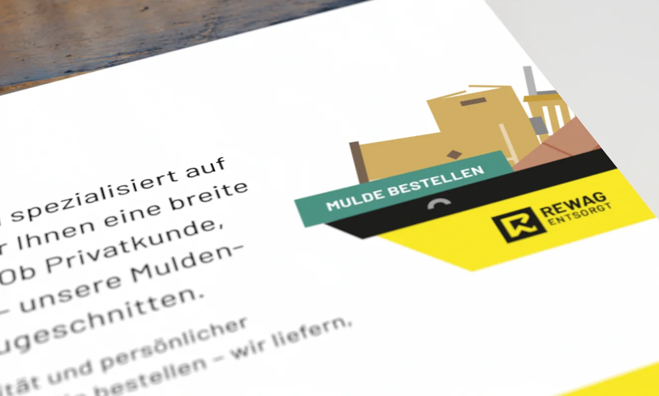 Angeschrägte Ansicht einer Inhaltsseite mit dem grünen Button «Mulde bestellen»