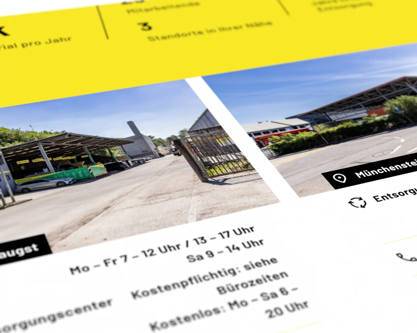 Angeschrägte Ansicht der Standortübersicht mit Kennzahlen und Fotos der Standorte Kaiseraugst und Münchenstein