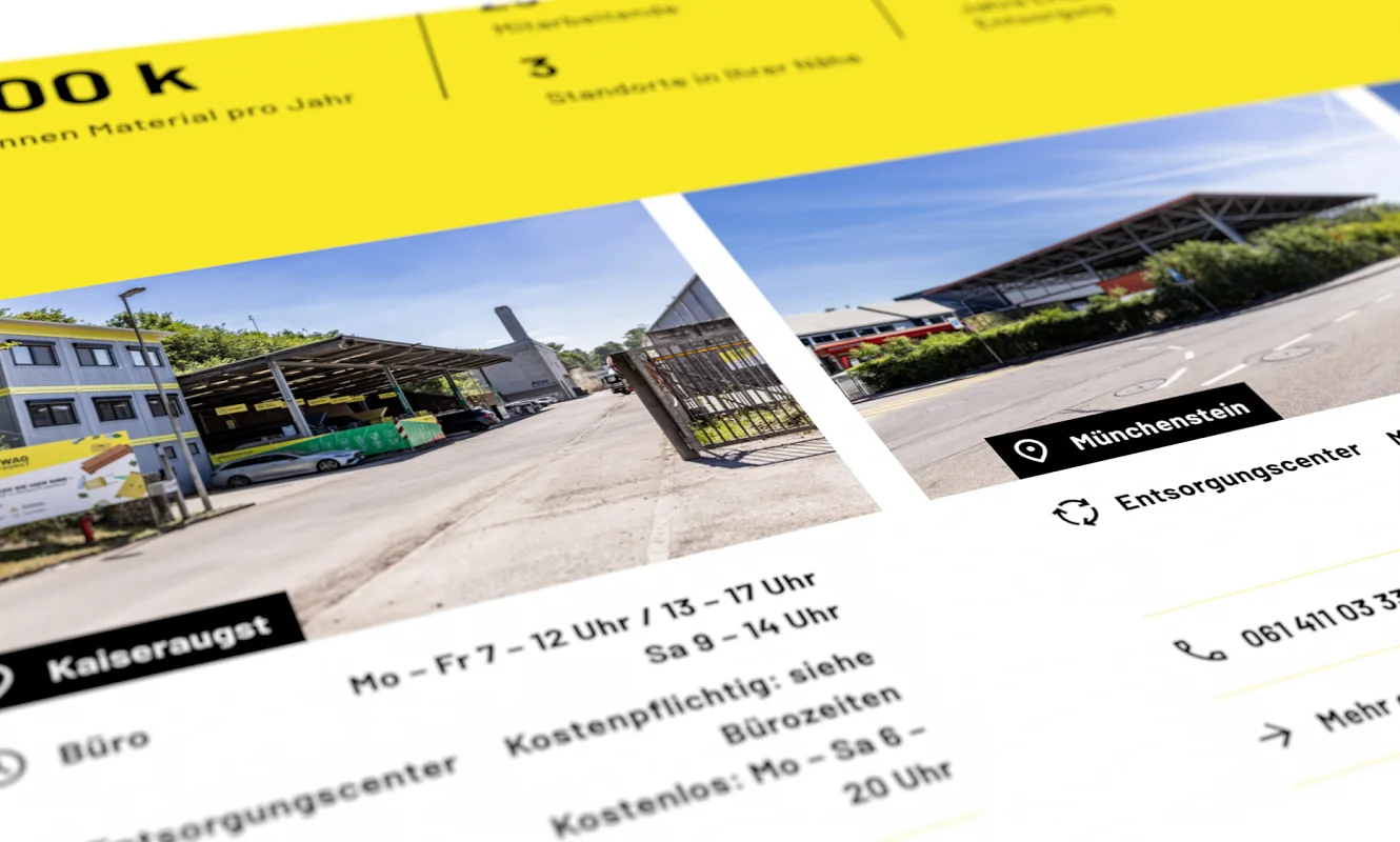 Angeschrägte Ansicht der Standortübersicht mit Kennzahlen und Fotos der Standorte Kaiseraugst und Münchenstein