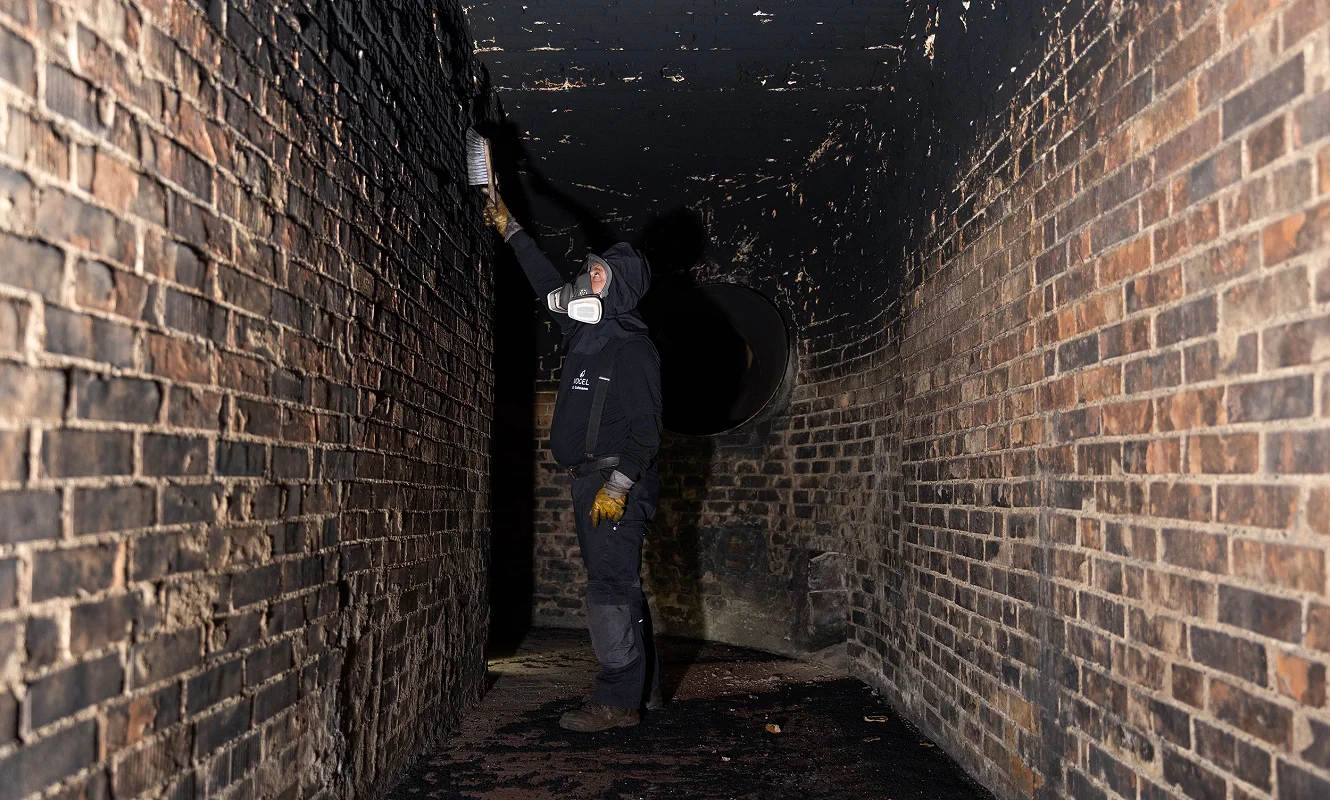 Person mit Atemschutzmaske reinigt einen gemauerten Rauchkanal mit der Taschenlampe in der Hand